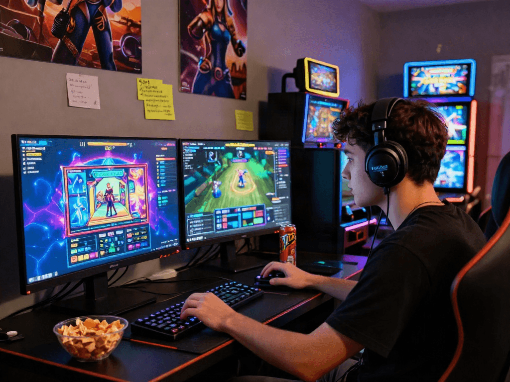 Pengalaman bermain yume toto di ruang game modern dengan monitor dan minuman energi