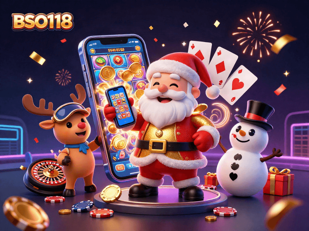 Experience the excitement of BSO118 with Santa and friends celebrating jackpot wins in a vibrant casino.