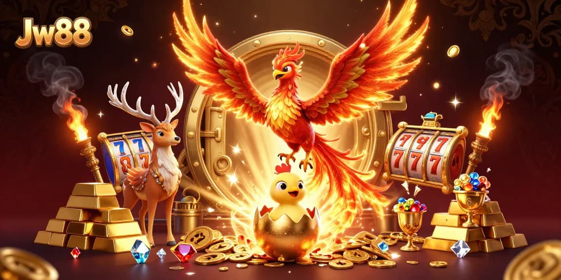 Experience thrilling gaming with Jw88 as a phoenix rises from treasure.