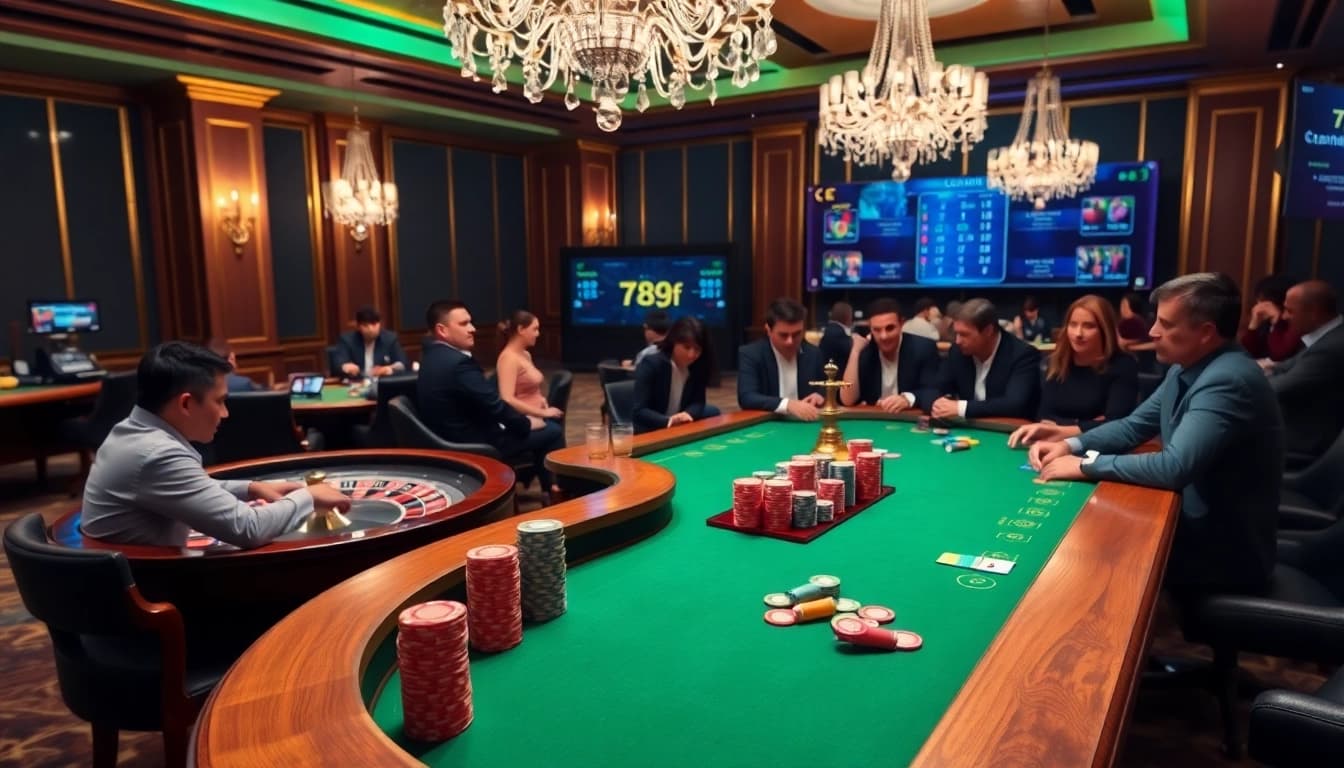Exciting players engaging at 789f's casino table illuminated by luxury decor.
