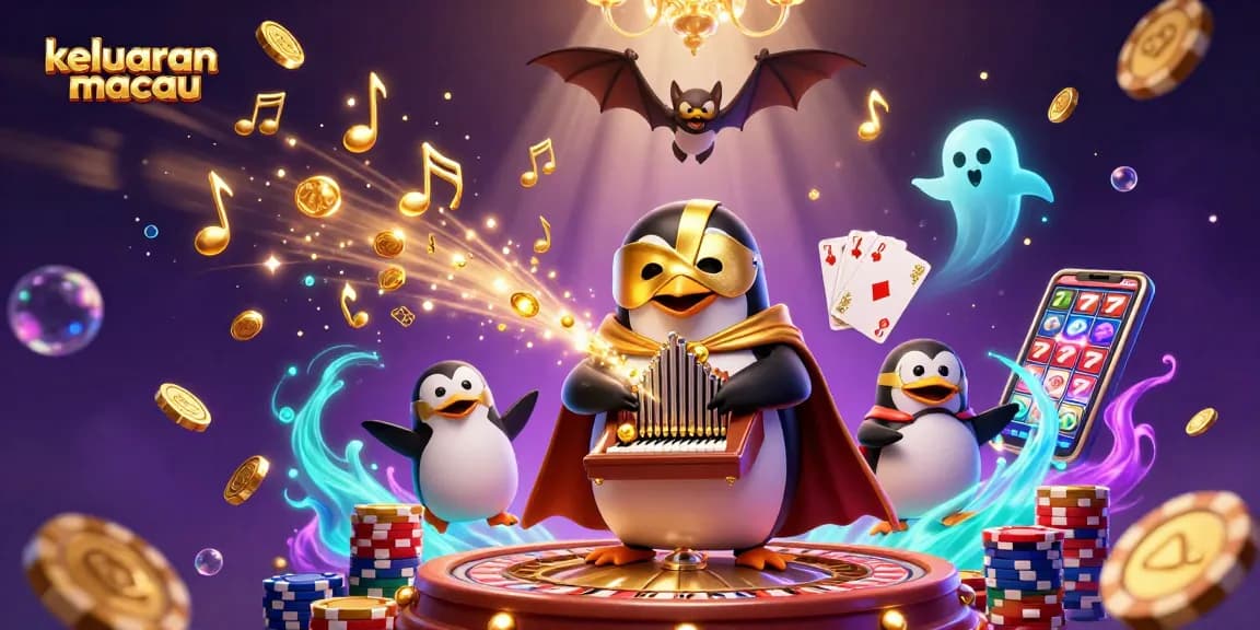 Mengamankan keluaran macau dengan penguin badut opera bermain organ sambil menghasilkan koin emas dan hiasan menawan.