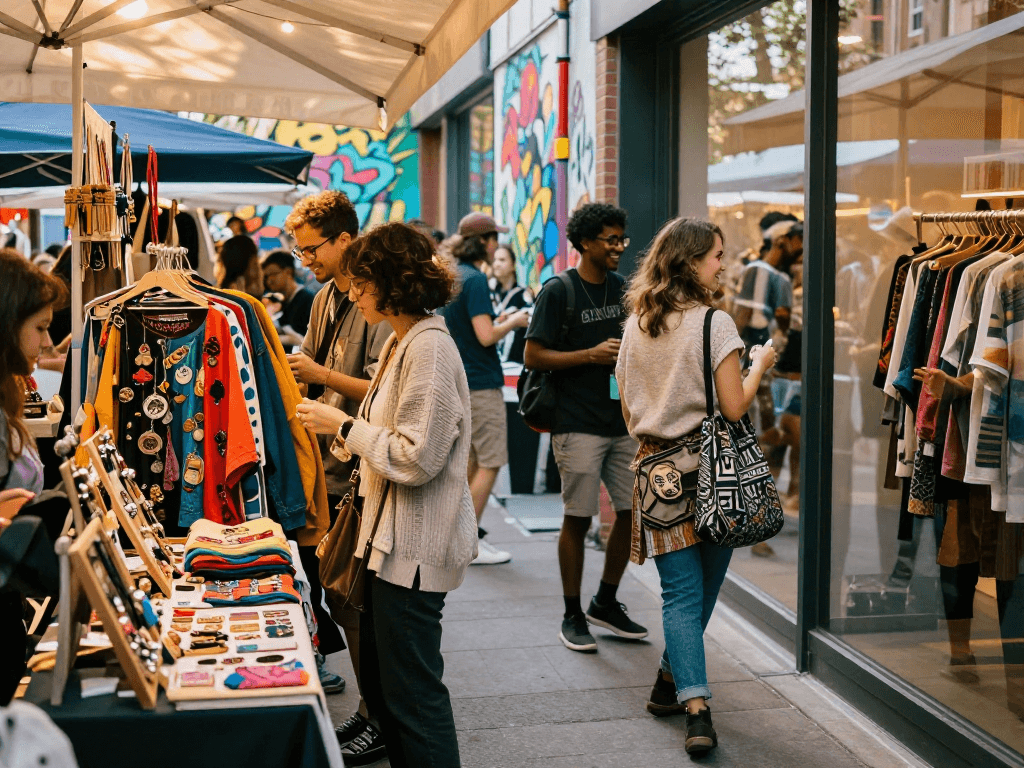 Vibrant street market scene showing diverse shoppers interacting with unique fashion brands while exploring bro138 lifestyle.