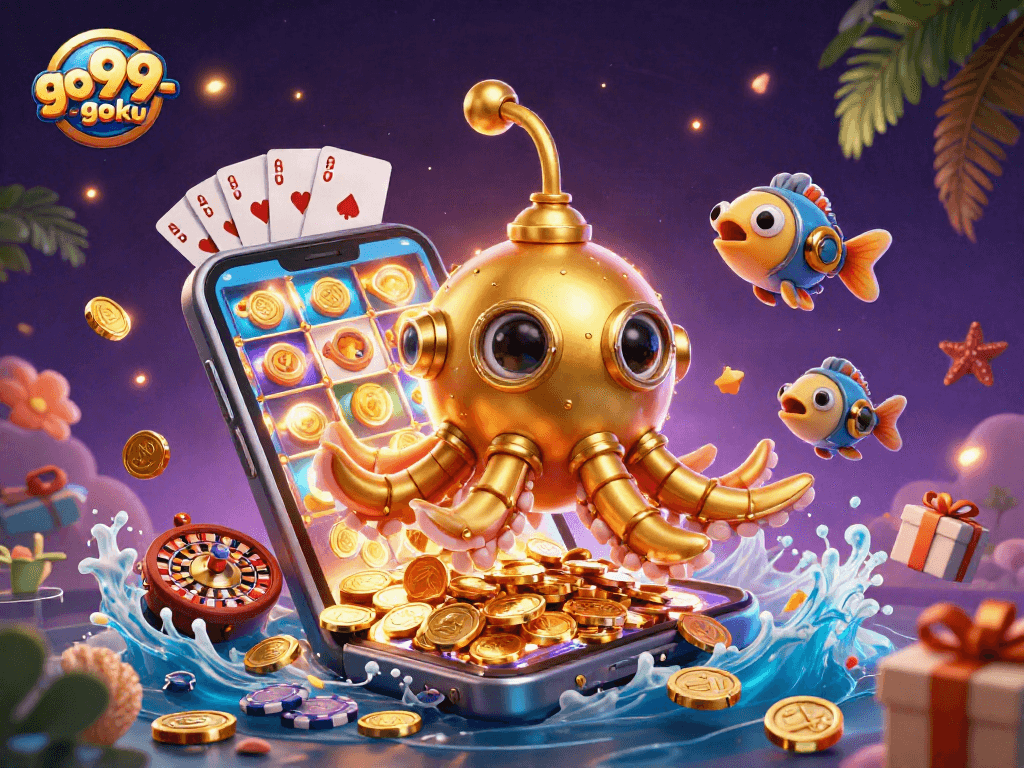 Engage with go99-goku's thrill: a golden kraken submarine surrounded by dynamic casino elements.