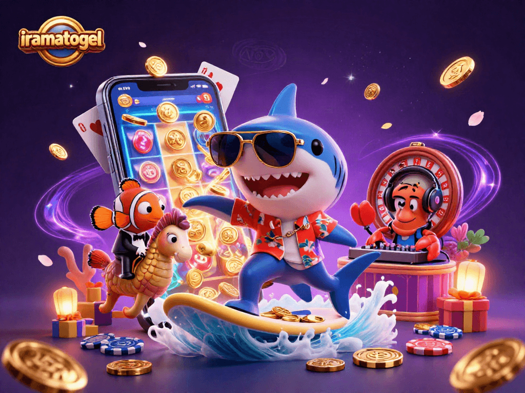 Iramatogel menghadirkan pengalaman bermain kasino interaktif dengan karakter menyenangkan dikelilingi koin emas.