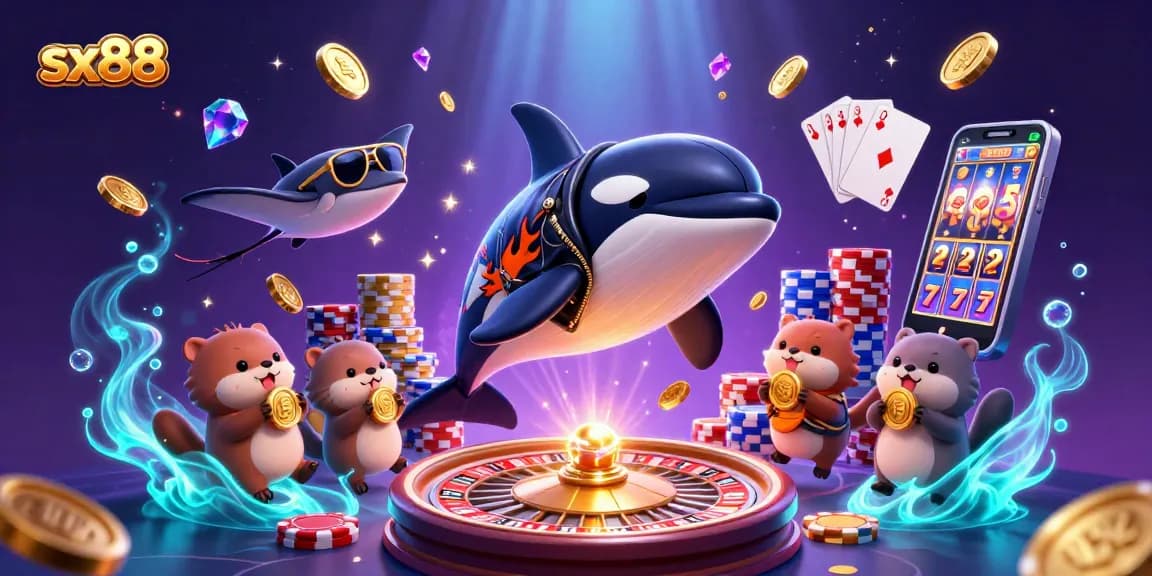 Sx88 features a vibrant 3D whale and sea otters celebrating wins with golden coins at a lively casino scene.