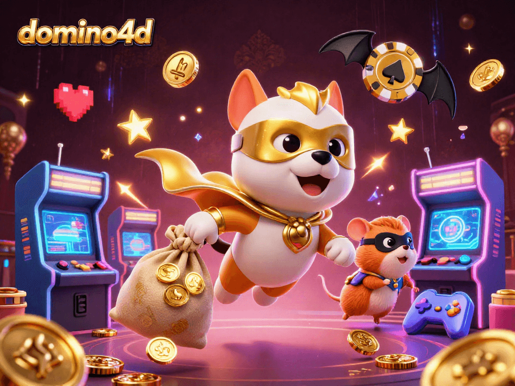 Pemain domino4d beraksi, dengan karakter anjing superhero dan hamster membawa koin emas dalam dunia kasino yang ceria.