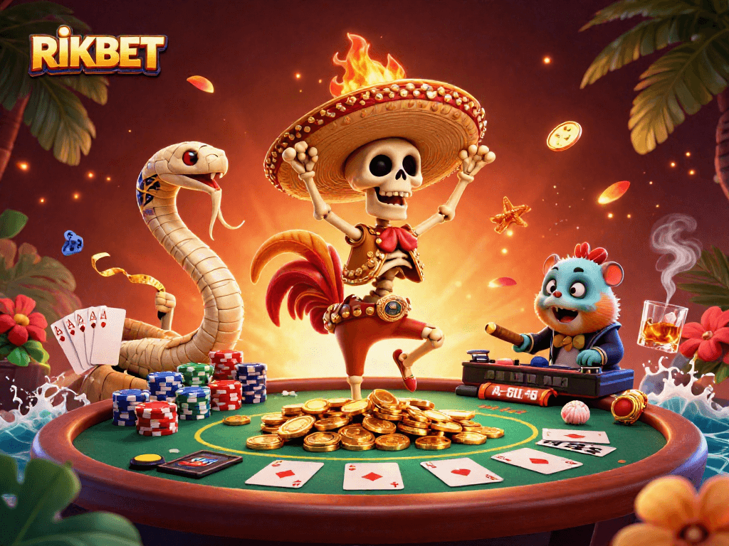 Engage with RIKBET's vibrant casino scene featuring a festive skeleton rooster and game elements.