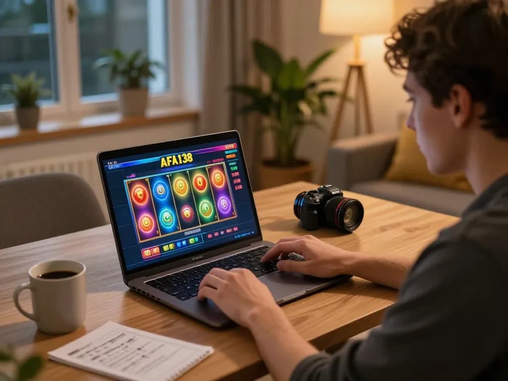 Playing alfa138 slot online from a cozy home setup, laptop screen displaying exciting gameplay.