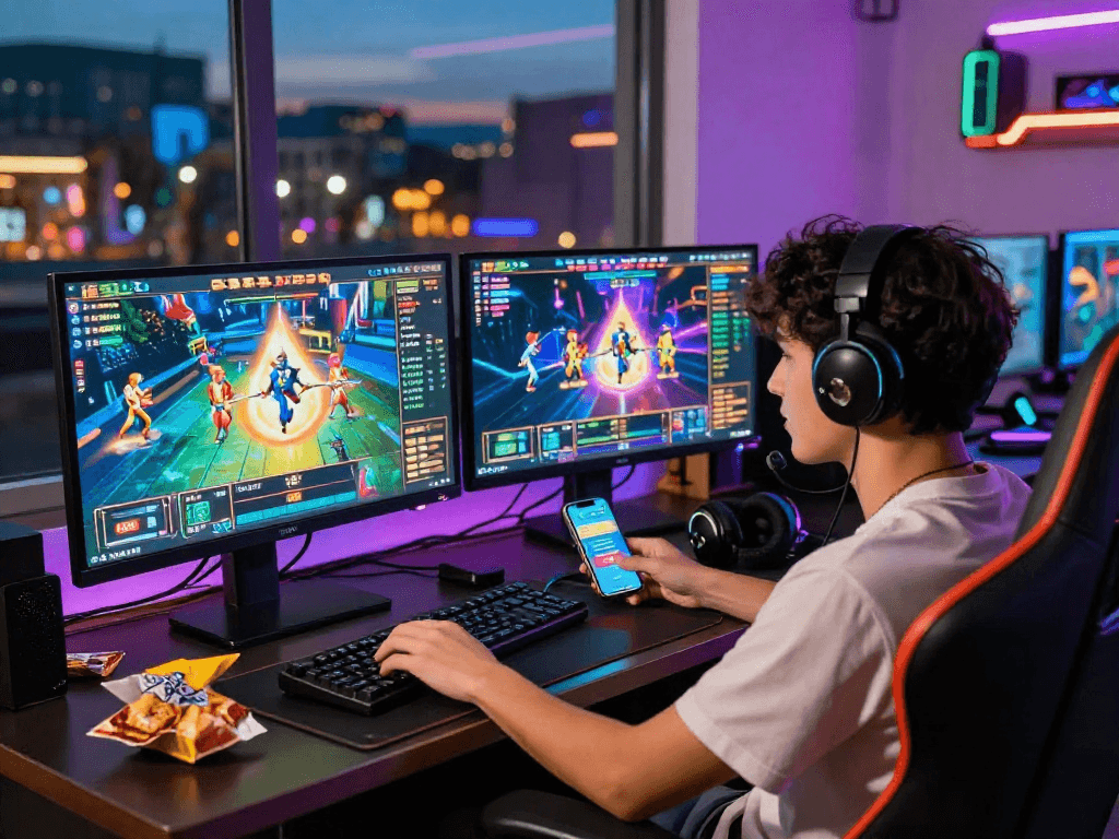 Engaging player enjoying slot gacor games with vibrant graphics and modern gaming setup in dynamic atmosphere