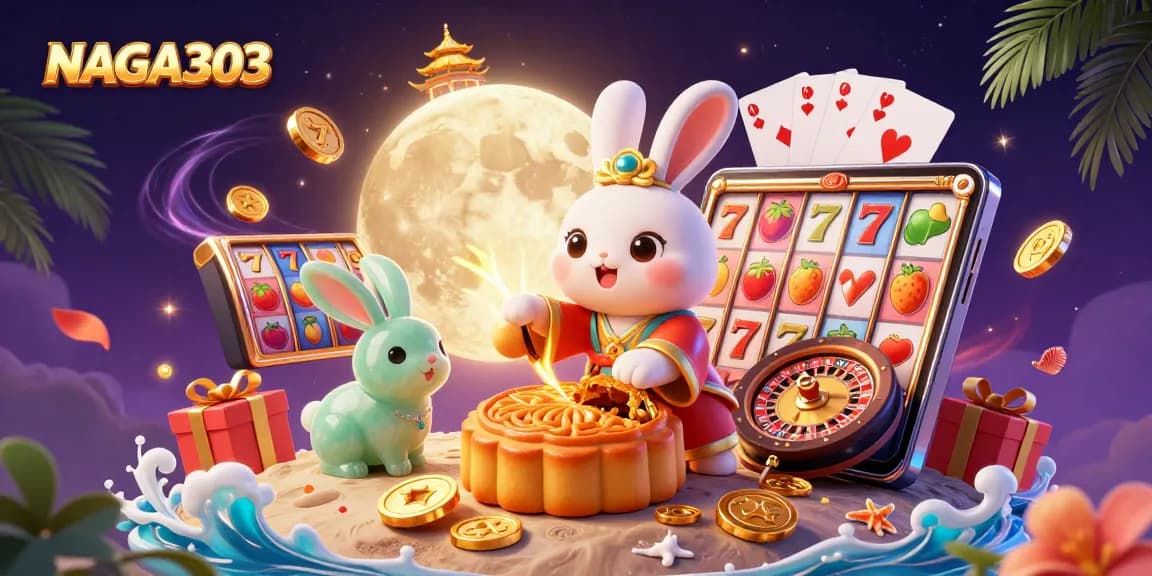 NAGA303 offers exciting slot games with a whimsical 3D moon rabbit surrounded by vibrant casino elements.