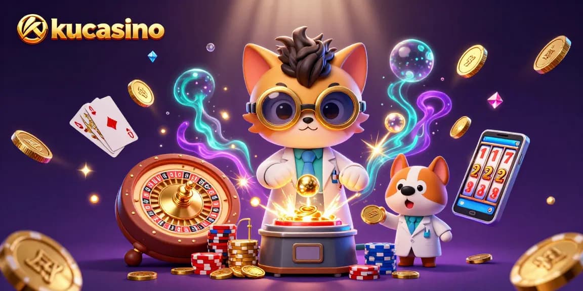 Join the thrill at kucasino with a whimsical 3D scene of a mad scientist and golden coins flying!