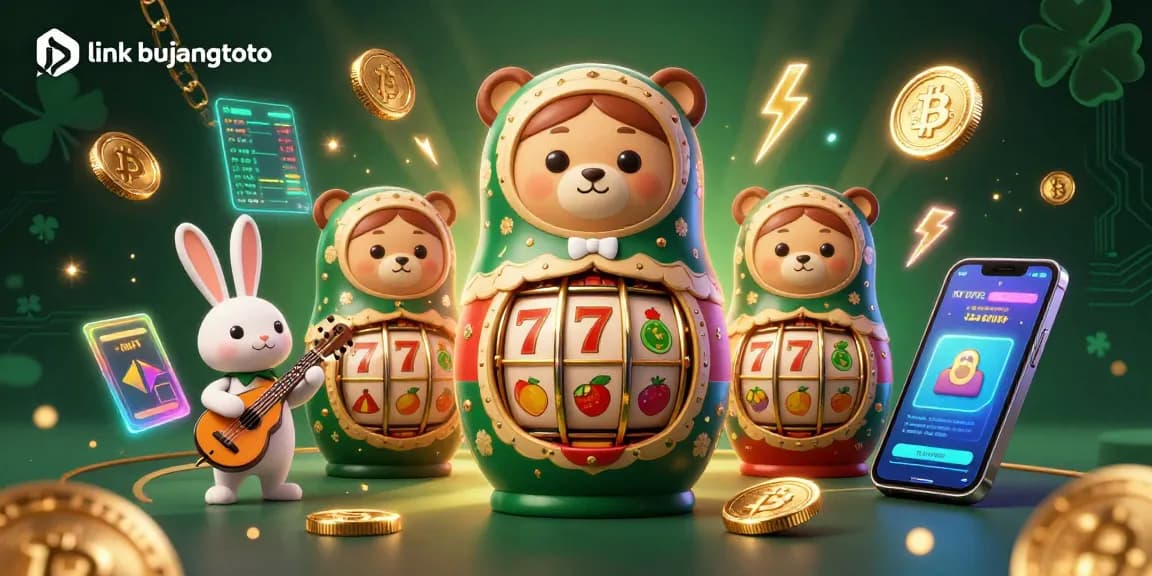 Engage with the vibrant world of link bujangtoto, featuring a joyful scene with bears in casino outfits and crypto elements.