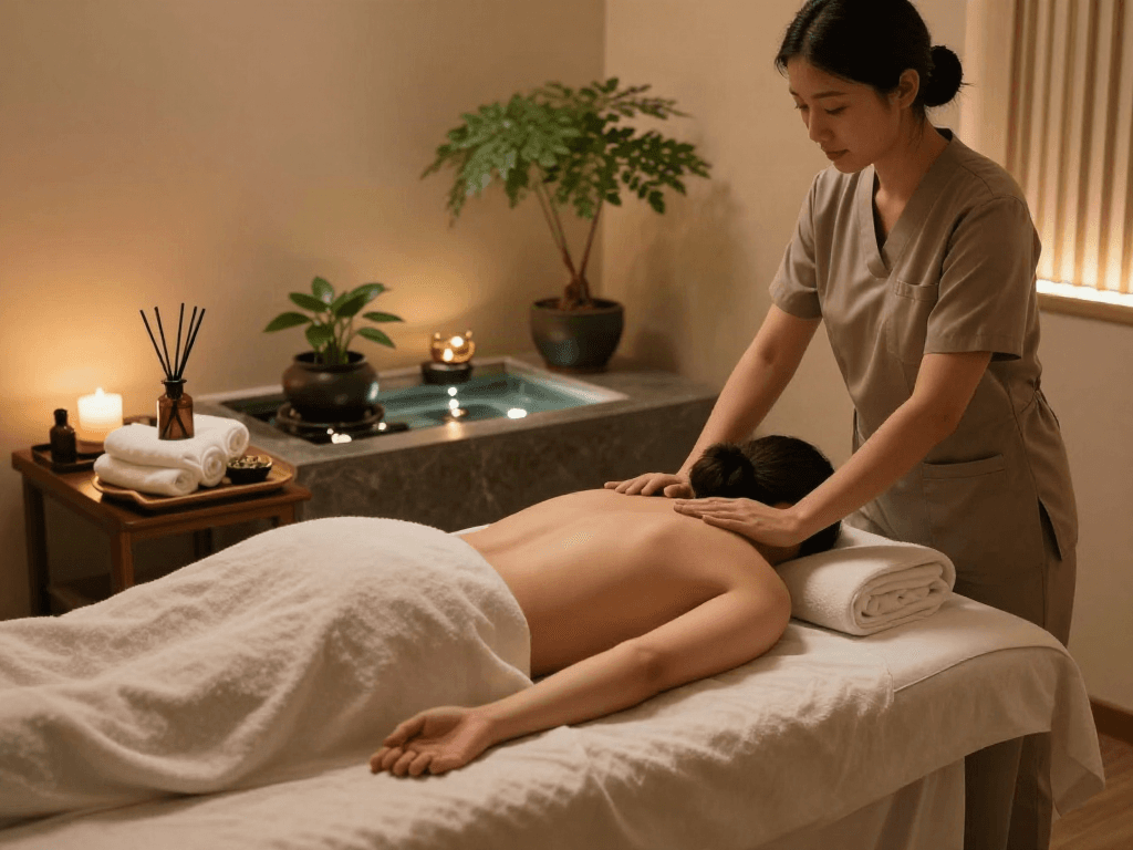 Client receiving 일산출장마사지 in a calming spa environment with aromatic oils and soft lighting.