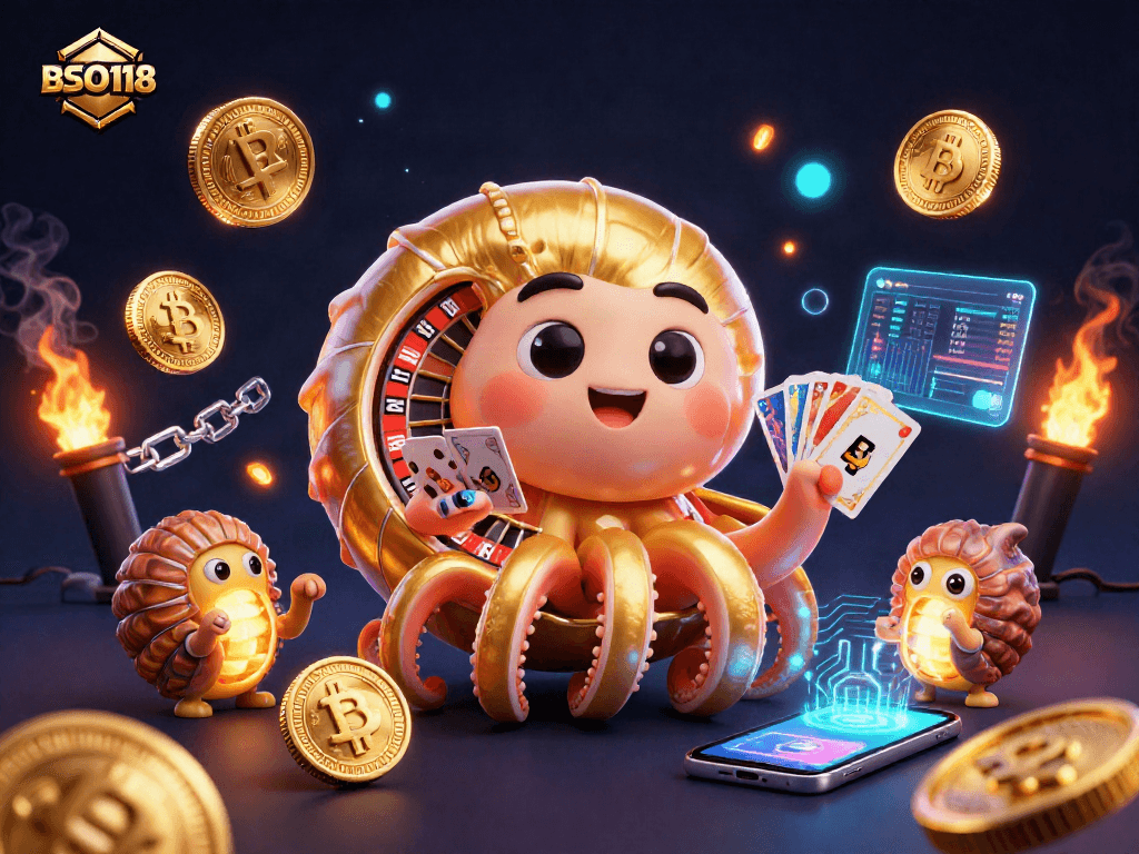 Engage with BSO118's vibrant casino energy featuring a giant nautilus and blockchain details.