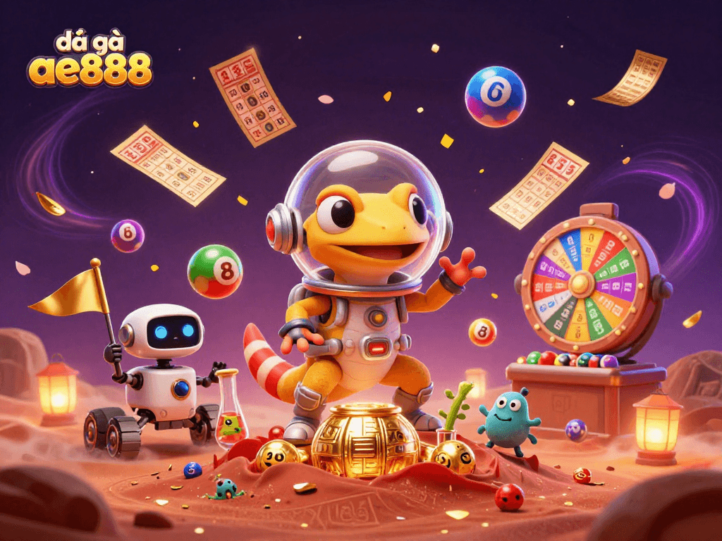 Engage with the excitement of đá gà ae888 in this vibrant 3D casino illustration featuring a Martian gecko and lottery elements.