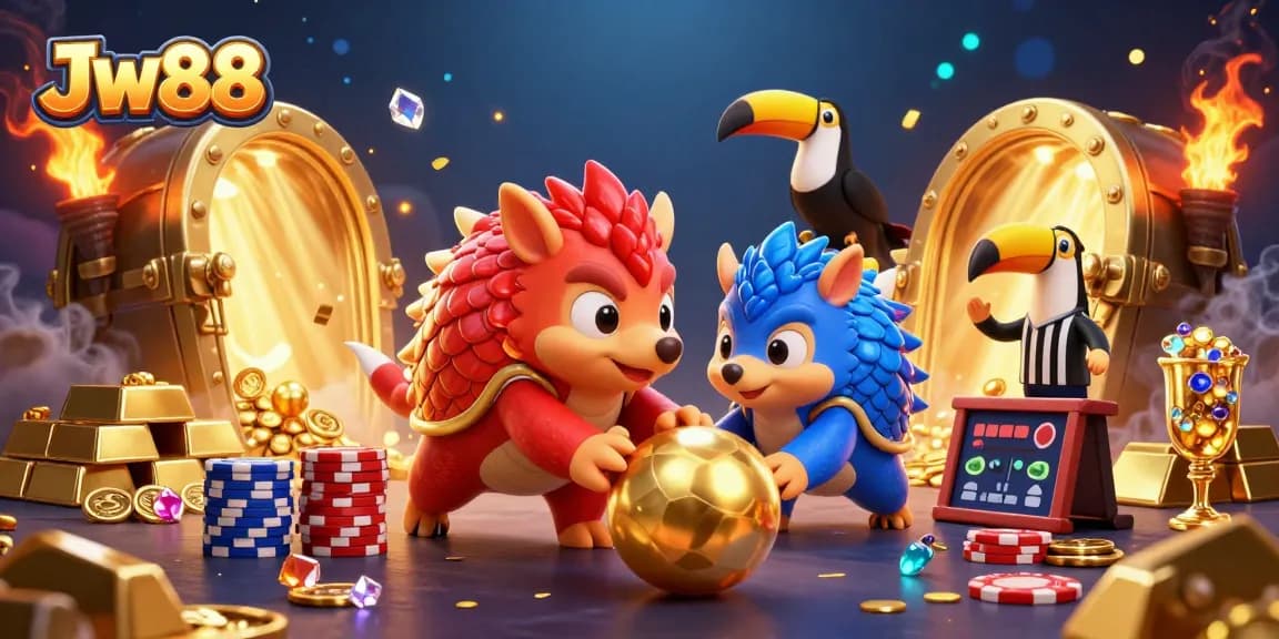 Engage with Jw88's dynamic casino scene featuring colorful pangolins amidst poker chips.