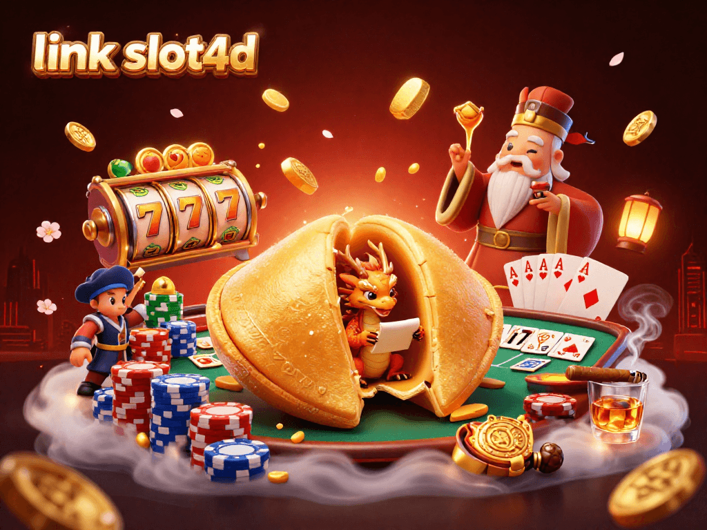 Menangkan permainan menggunakan link slot4d dengan simbol keberuntungan dan karakter menarik dalam ilustrasi 3D.