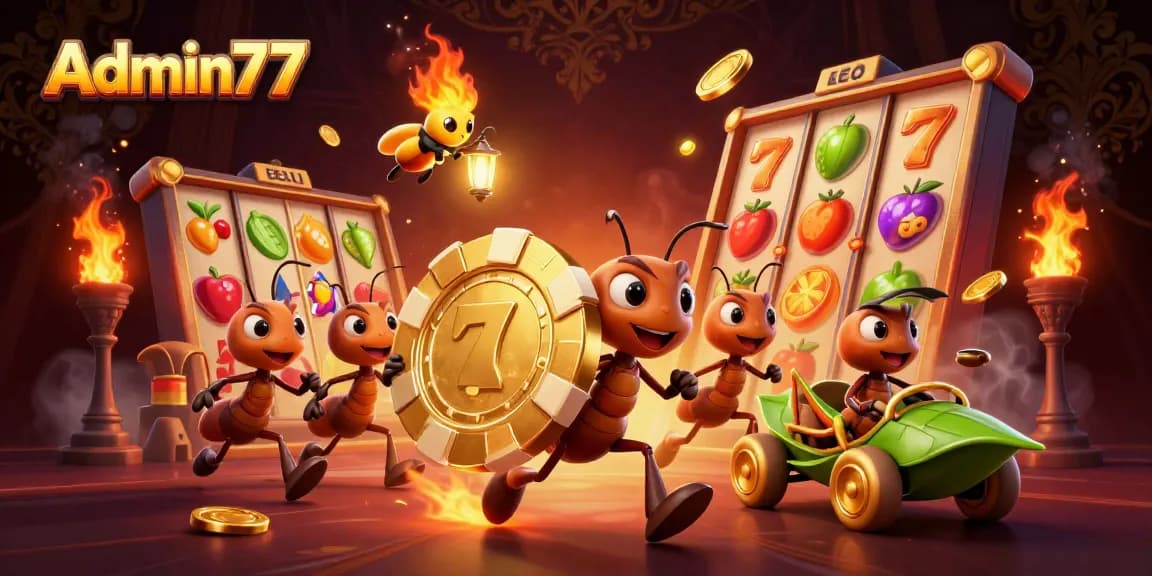 Admin77 showcases a thrilling heist with cartoon ants carrying a giant poker chip and vibrant game elements.