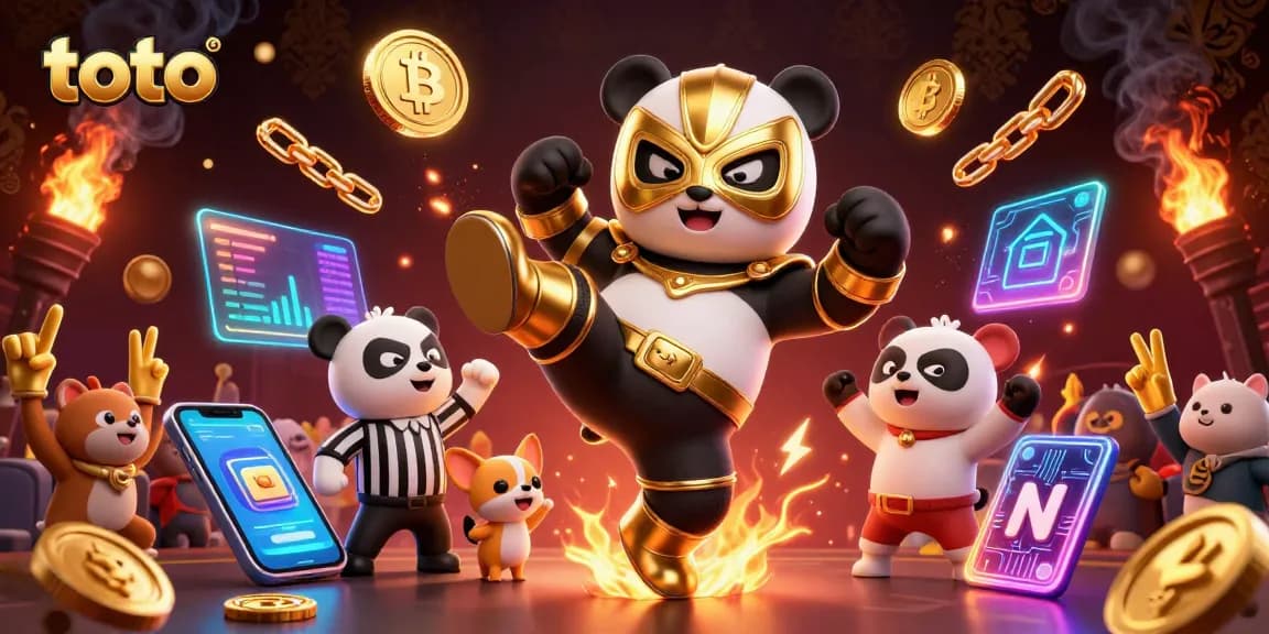 Toto thrills as a panda wrestler kicks, surrounded by vibrant casino crypto elements.