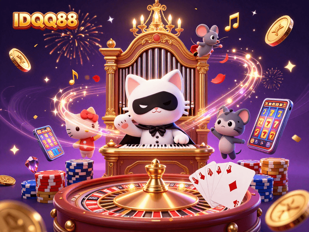 Engage with IDQQ88's vibrant casino scene featuring a masked cat, acrobat mouse, and dynamic game elements.