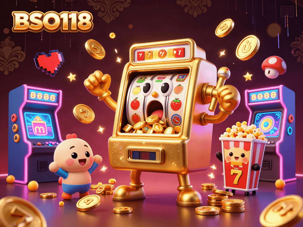 Spin the golden slot machine in BSO118 as it celebrates a big win with coins pouring out.