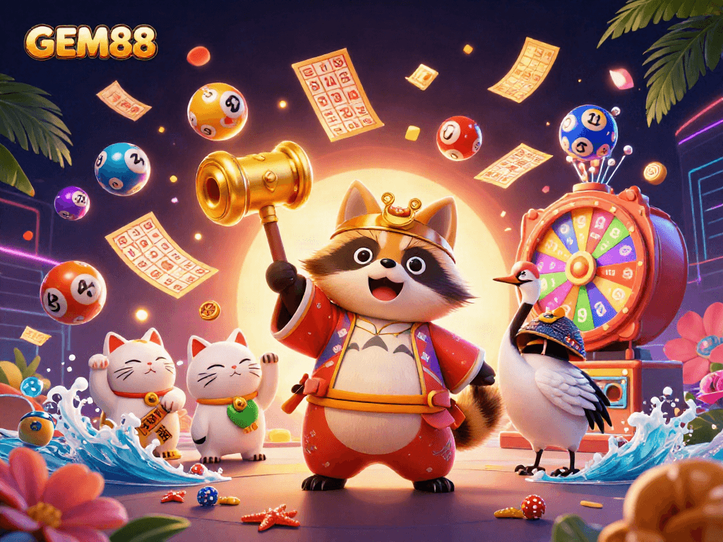 Experience GEM88's vibrant world with cheerful characters and exciting lottery elements in a dynamic 3D scene.