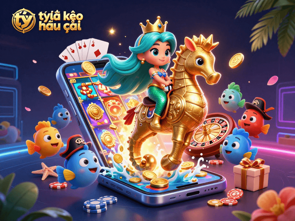 Experience thrilling tỷ lệ kèo nhà cái action with a mermaid princess and her seahorse in this vibrant casino scene.