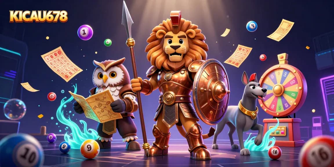 KICAU678 features a Spartan lion, owl strategist, and greyhound messenger amid dynamic casino elements.
