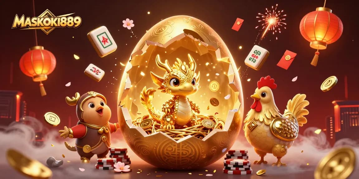 Play big at MASKOKI889 with a dazzling golden dragon at a vibrant casino scene.