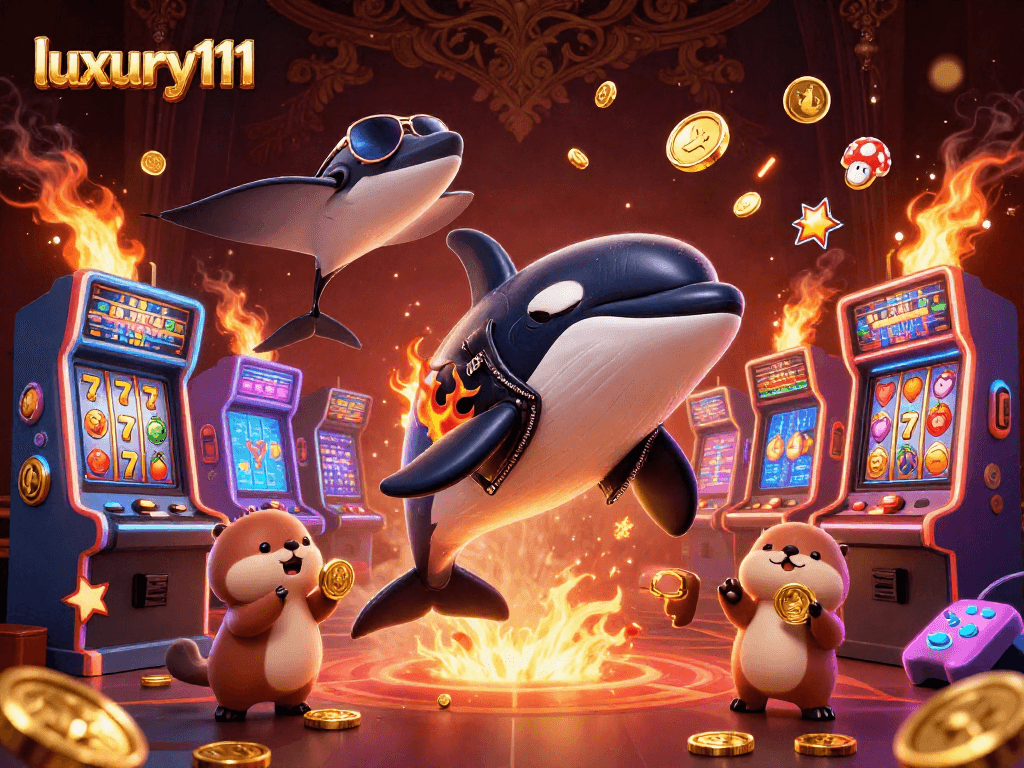 Experience luxury111 with a 3D cartoon scene featuring a jumping orca whale and sea otters surrounded by vibrant slot machines.