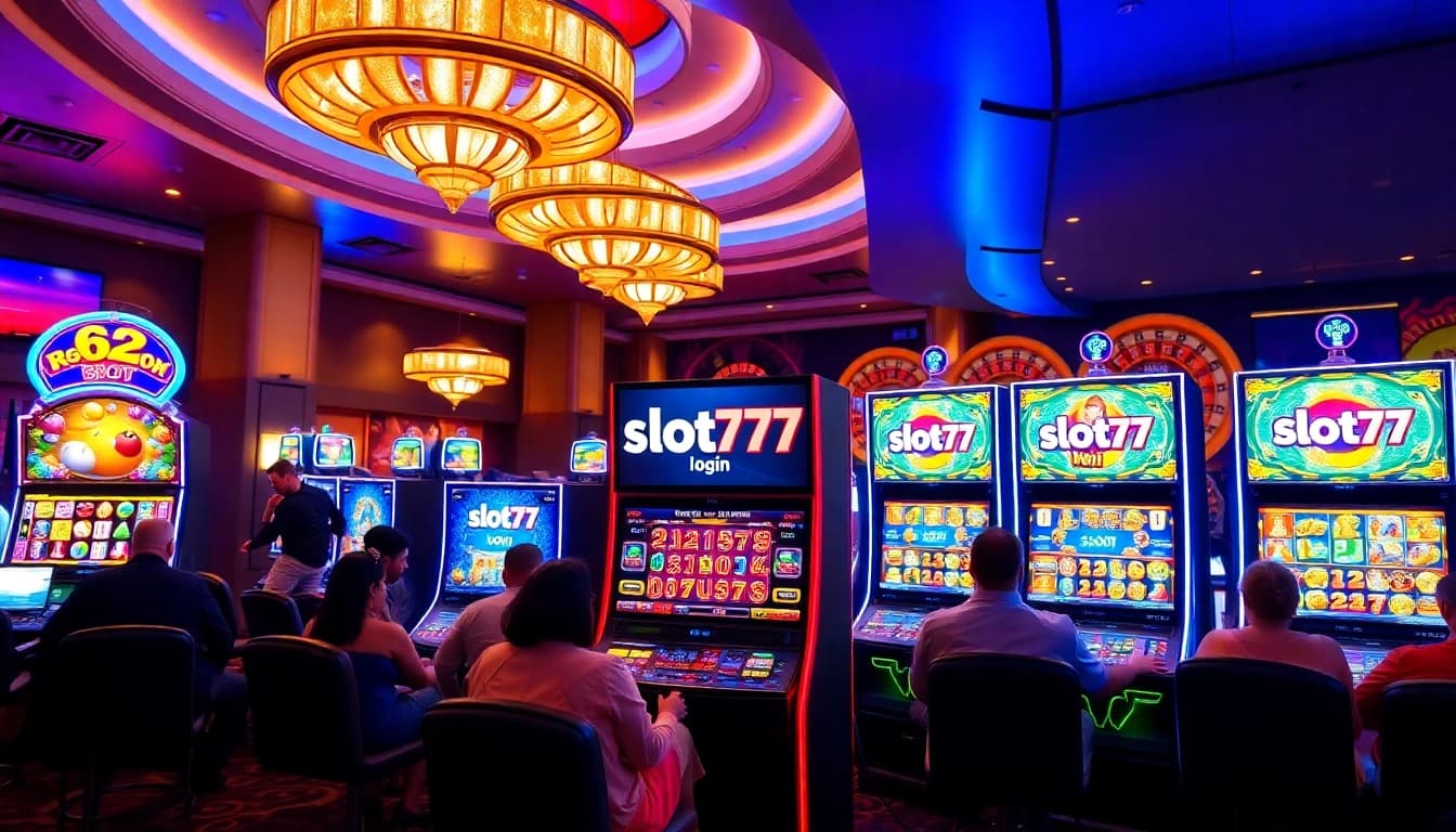 Excited players enjoying slot machines at a casino featuring the slot777 login prominently displayed.