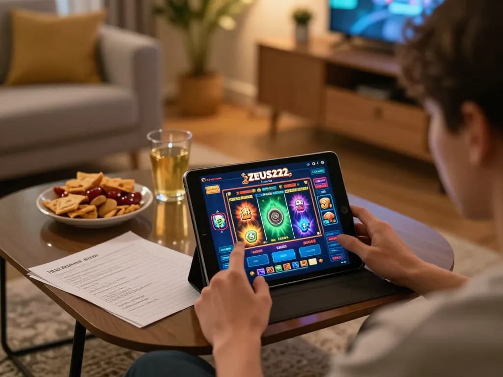 Engaging gameplay on ZEUS222 slot gacor app with cozy home setup and strategic notes visible