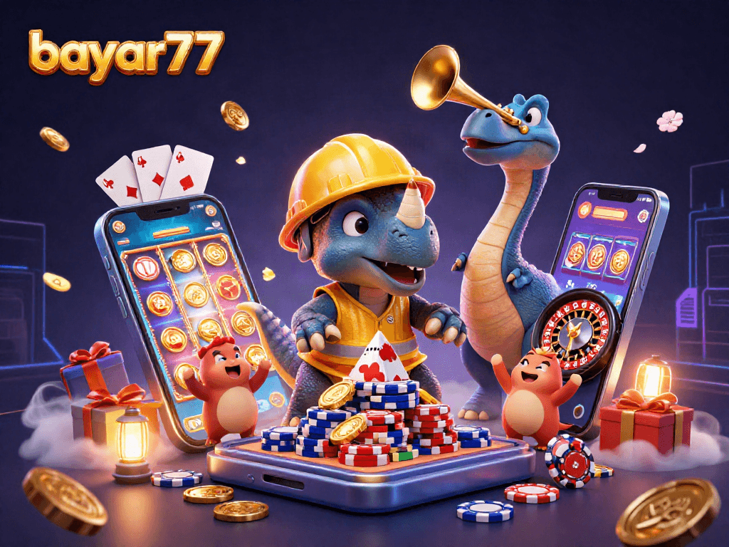 Bayar77 merayakan kemenangan dengan ilustrasi kasino 3D yang penuh warna