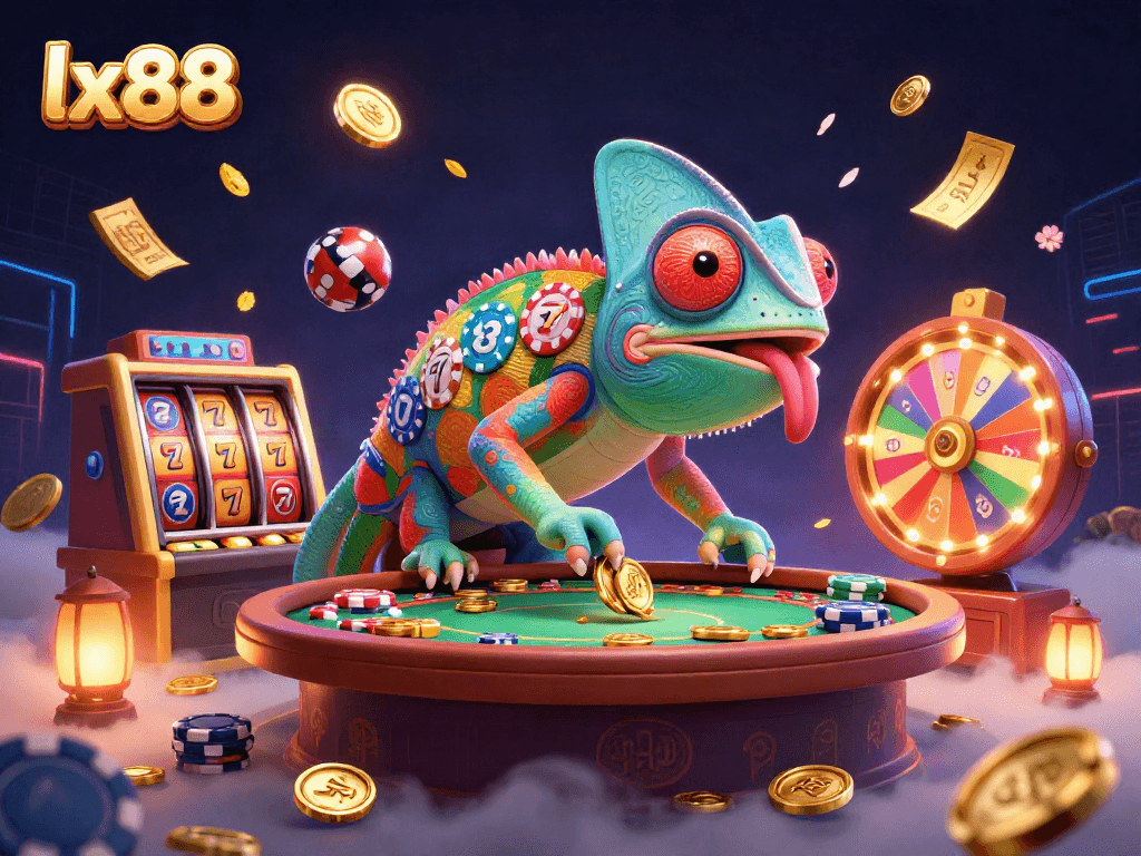 Experience thrilling gameplay at lx88 with vibrant slot reels, lucky 7s, and a colorful chameleon casino owner.