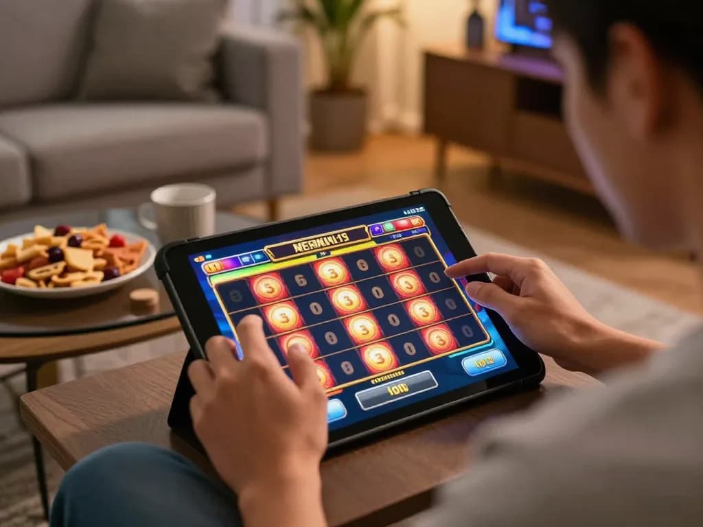 Pengalaman permainan slot online yang menarik dengan slot deposit 5k di tablet dalam ruang tamu yang nyaman