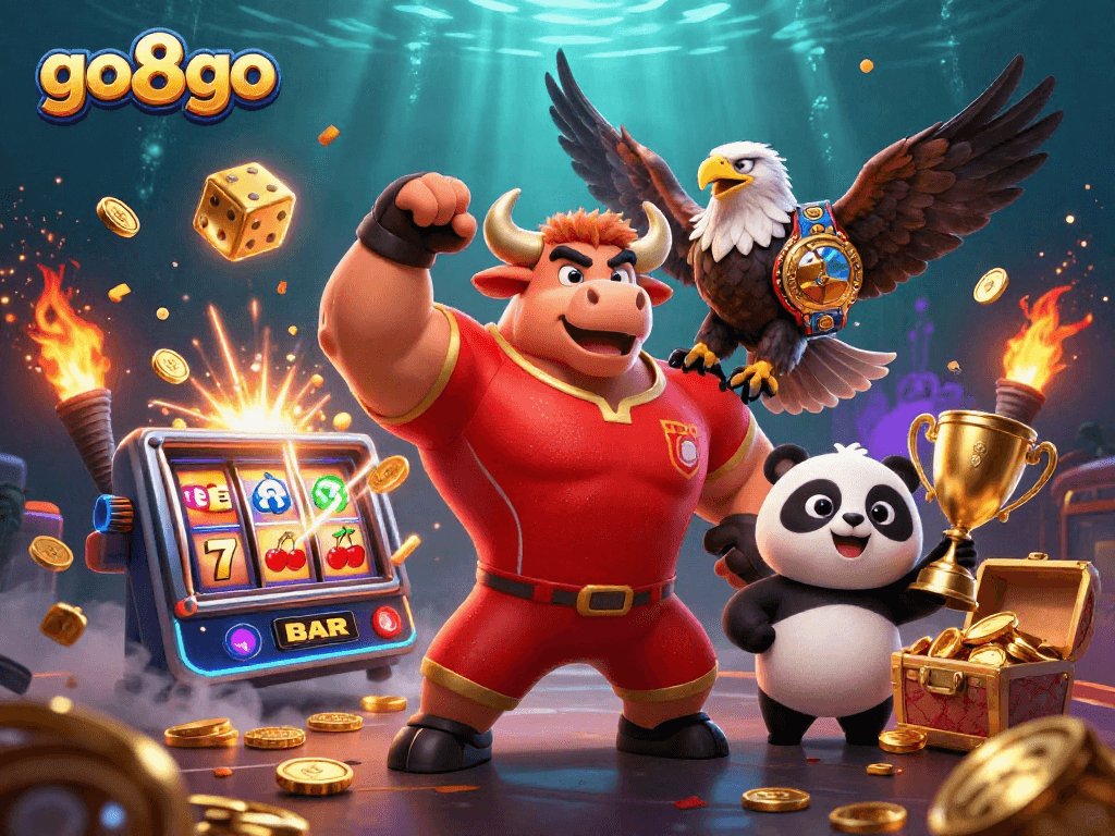 Experience thrilling winning moments with go8go's ultimate casino adventure featuring vibrant characters and slot elements.