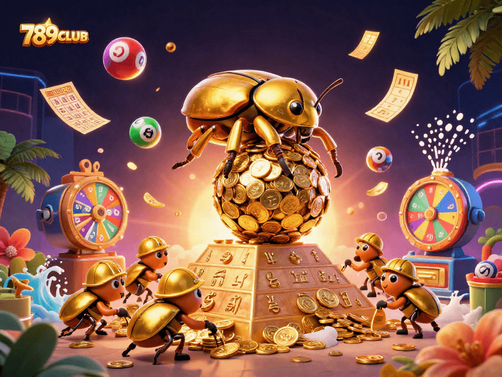 Engage with 789CLUB's lottery dynamics featuring a vibrant 3D scene filled with excitement and symbols.