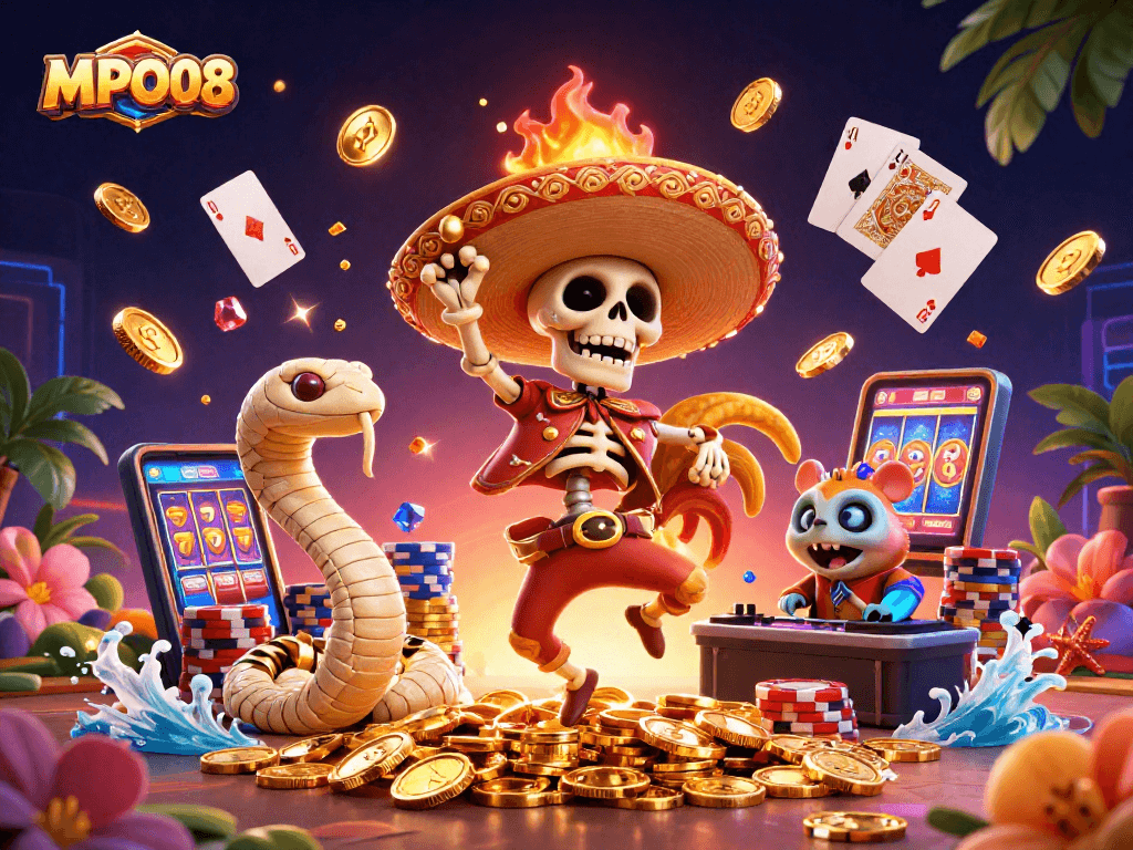 MPO08 interactive gaming scene with a skeleton mariachi rooster, mummy snake, and a DJ hamster amidst golden coins and casino symbols.