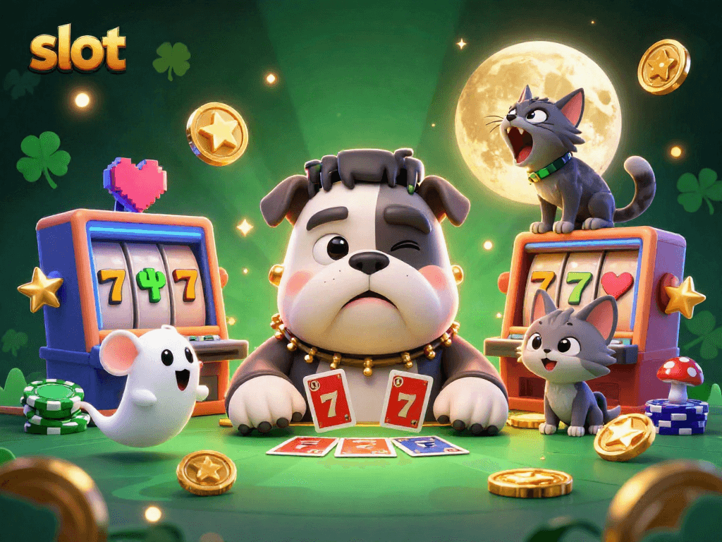 Engaging slot scene with a Frankenstein bulldog and ghost mouse showcasing vibrant slots and jackpots.