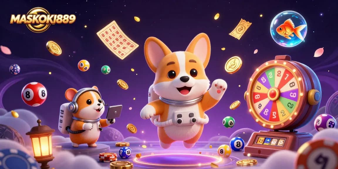 Join the excitement at MASKOKI889 with a vibrant space casino scene featuring floating lottery elements.