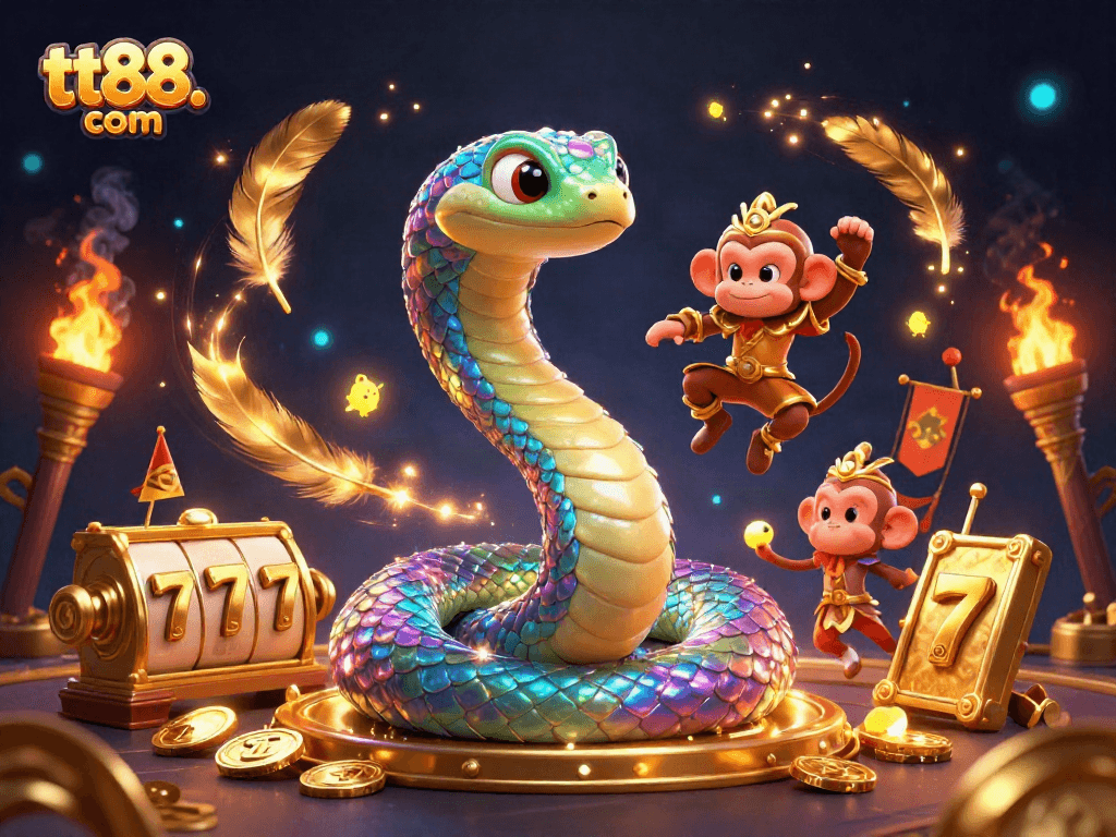 Engage in lively gaming action with tt88. com's vibrant 3D casino illustration featuring a magical rainbow serpent.