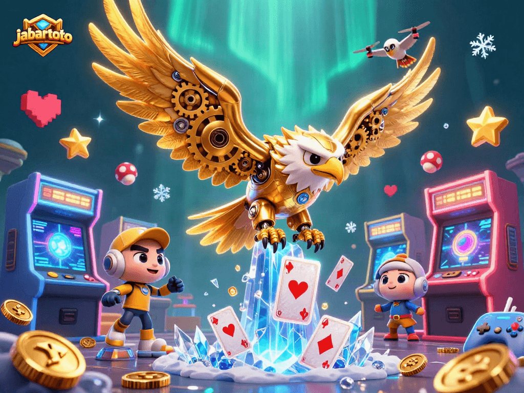 Jabartoto membawa dua sayap, dengan permainan kartu holografik, dikelilingi mesin arcade 3D yang cerah.