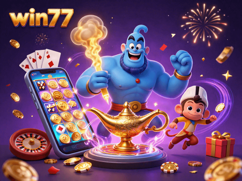 Memenangkan keuntungan di win77 dengan genie dan slot yang memikat di bawah confetti berkilauan.