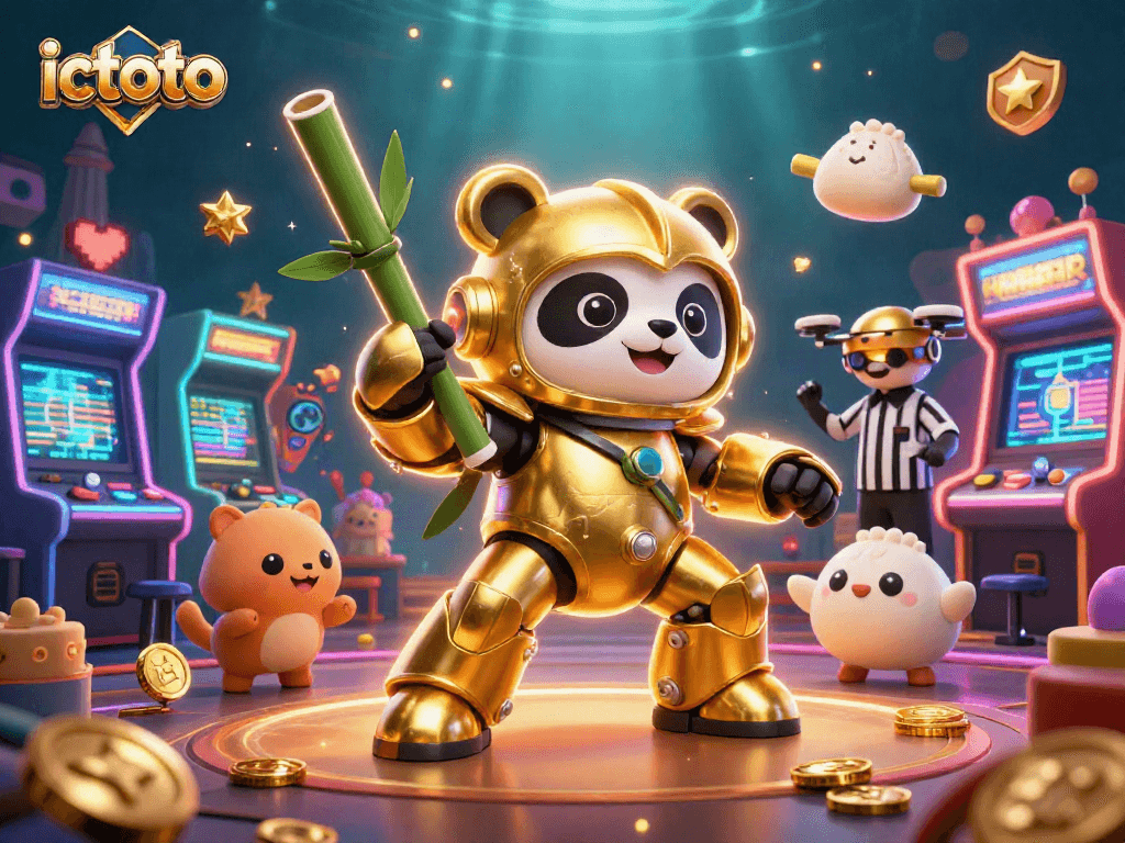 Menghadirkan suasana seru bermain di ictoto dengan panda emas, robot tempur, dan elemen permainan arcade berwarna-warni.