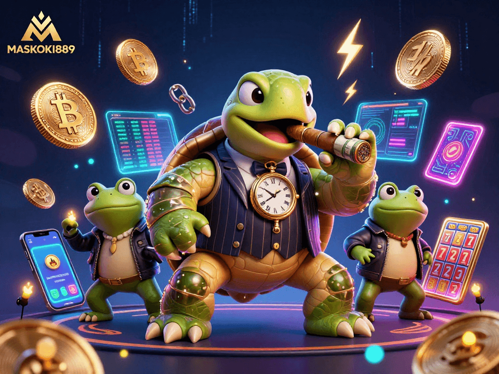 Experience the excitement of MASKOKI889 with a lively casino scene featuring engaging characters and neon-sparked action.