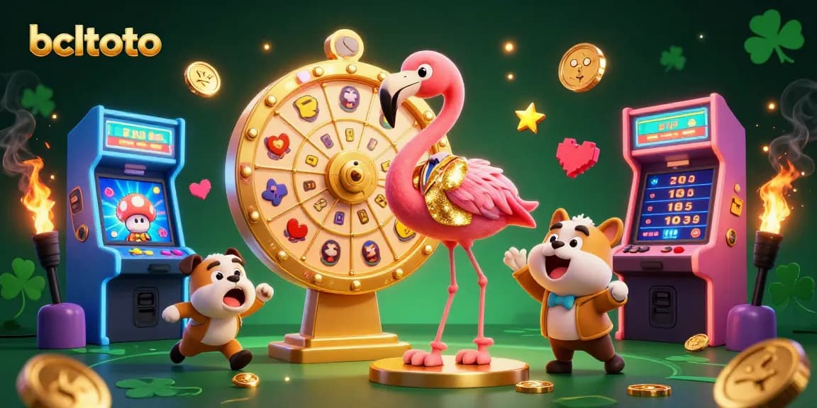 Gambar bcltoto menampilkan flamingo MC dalam jaket emas, bulldog kontestan, dan kucing meniup hadiah.