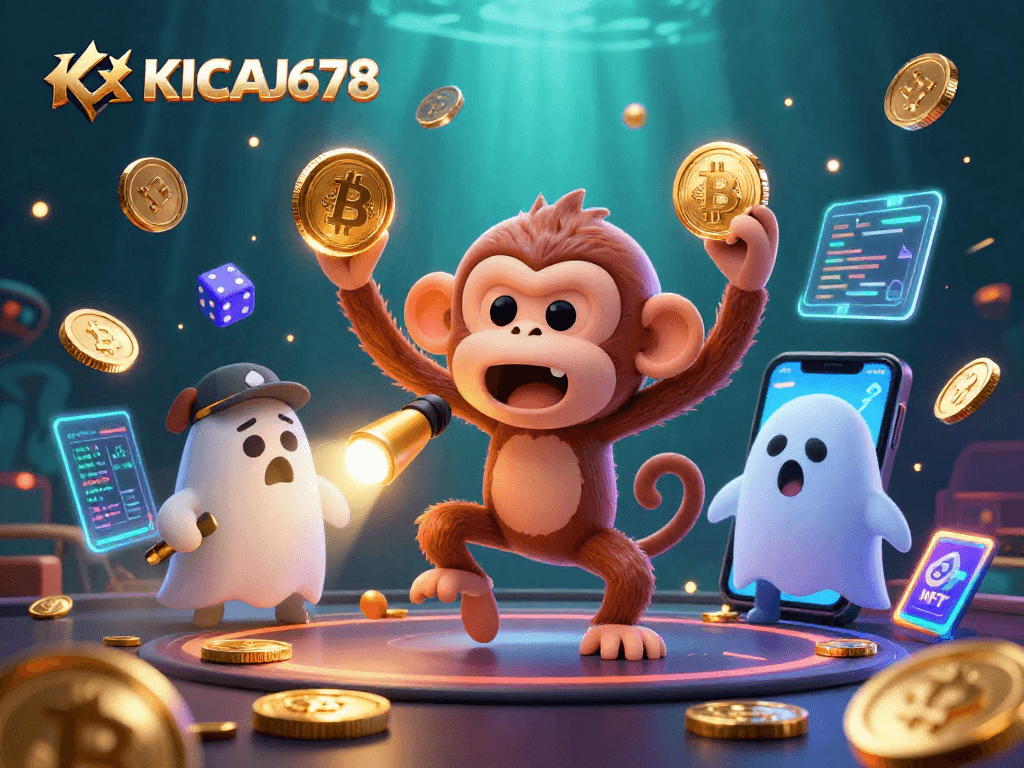 KICAU678's playful ghostly scene highlights a mischievous monkey and a curious puppy exploring a haunted casino.