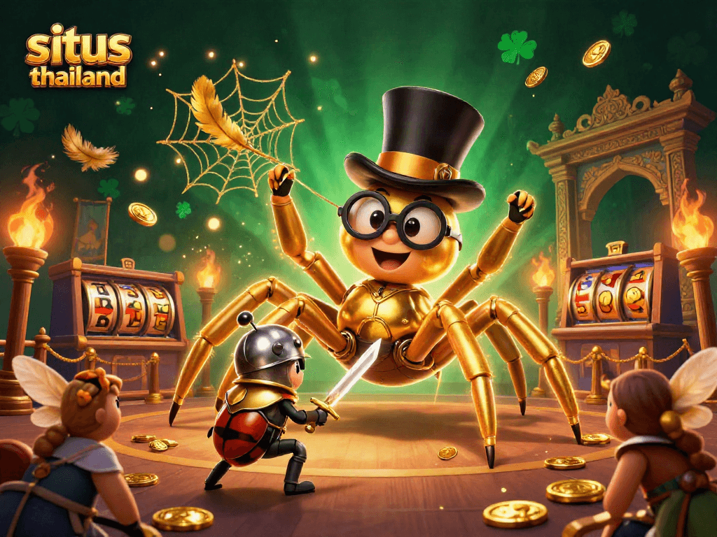 Engage with situs thailand's vibrant casino atmosphere, featuring a tarantula, knight, and fluttering moths in a bustling scene.