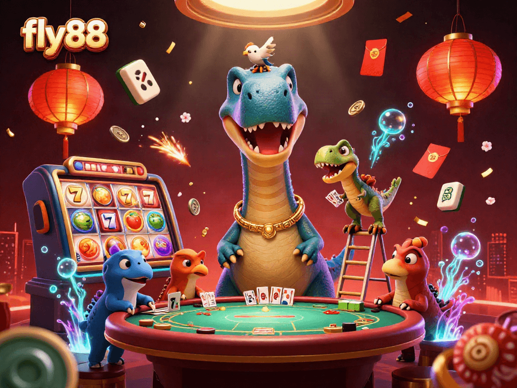 Fly88 casino scene features a giant brontosaurus and a raptor dealing cards amidst dynamic gaming elements.