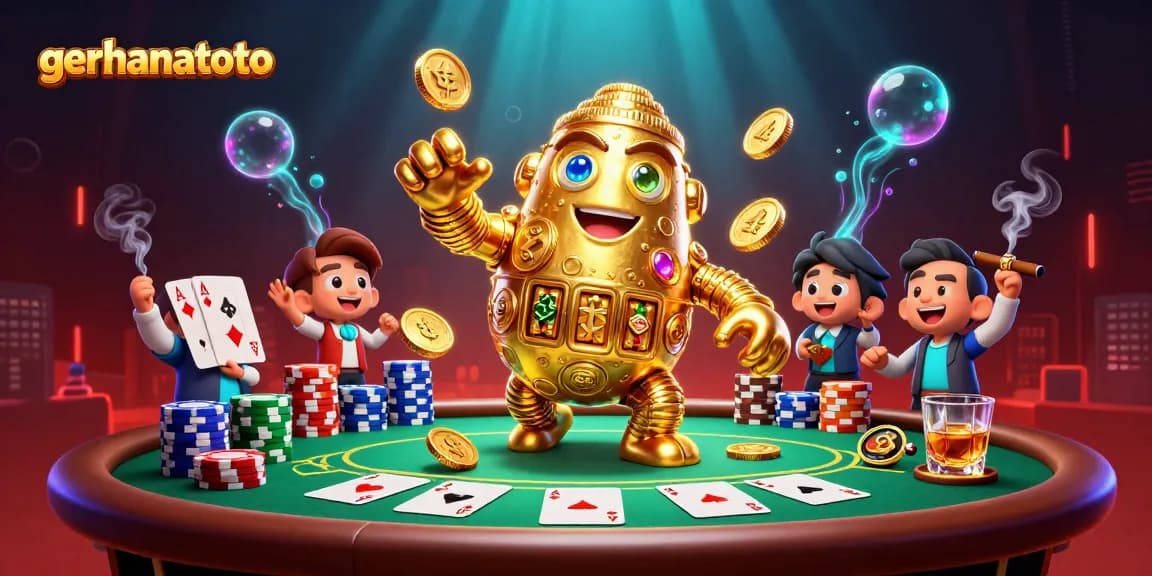 Menggandakan peluang menang di gerhanatoto dengan golem emas dan meja poker penuh chip.
